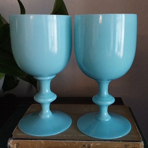 Pair Portieux Vallerysthal Turquoise Blue Opaline Water Goblets - Picture 3 of 11